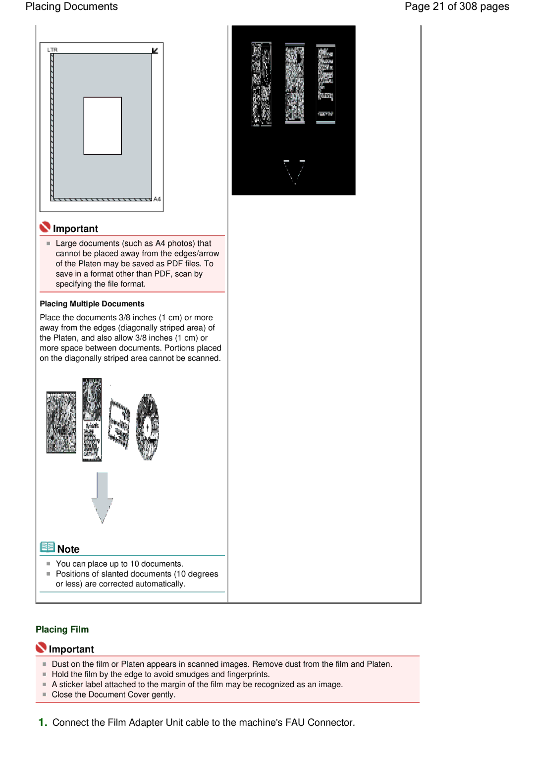 Canon LiDE 700F manual Placing Documents 21 of 308 pages, Placing Film, Placing Multiple Documents 