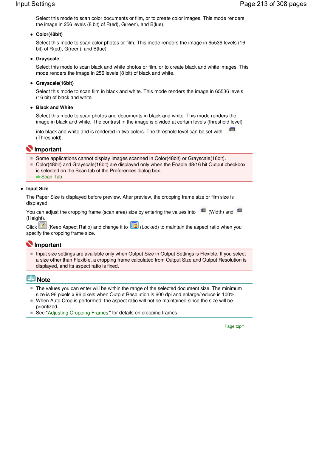 Canon LiDE 700F manual Input Settings 213 of 308 pages, Color48bit, Grayscale16bit, Input Size 