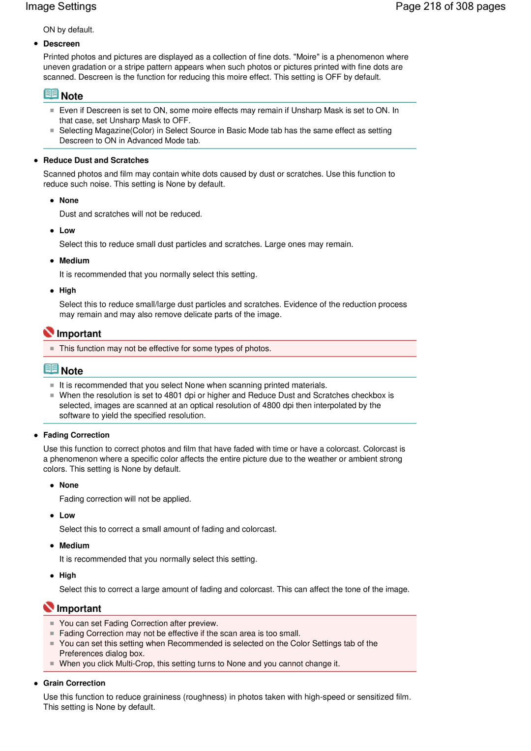 Canon LiDE 700F manual Image Settings 218 of 308 pages, None, Low, Medium, Grain Correction 