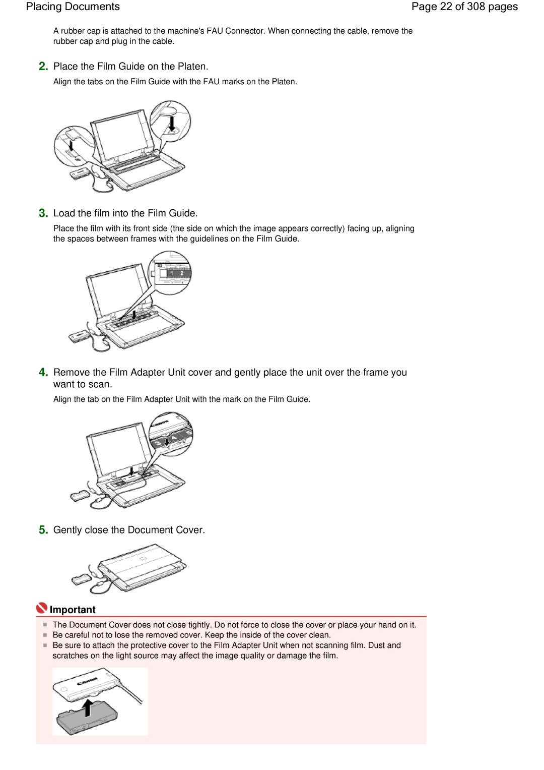 Canon LiDE 700F Placing Documents 22 of 308 pages, Gently close the Document Cover, Place the Film Guide on the Platen 