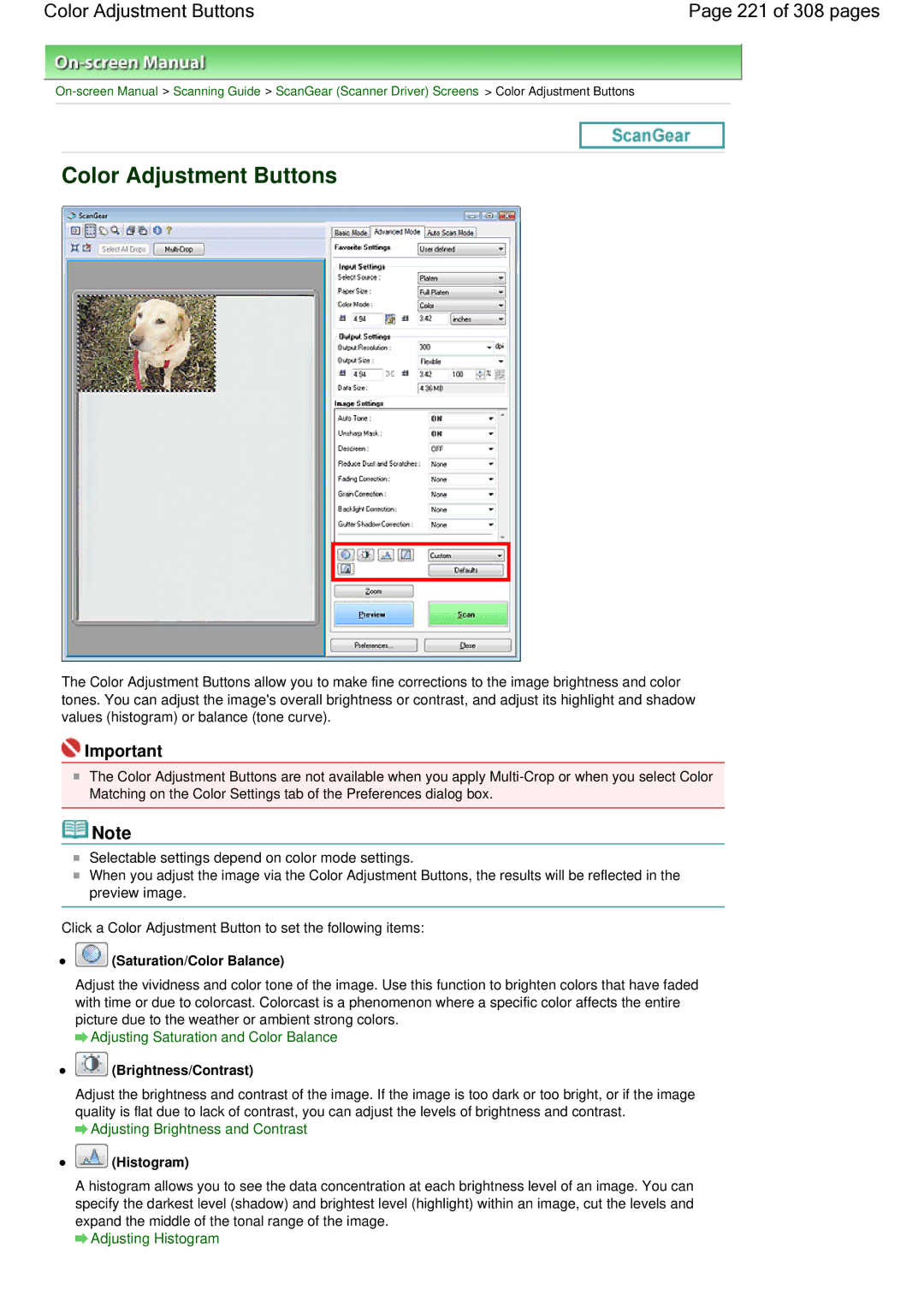 Canon LiDE 700F Color Adjustment Buttons 221 of 308 pages, Saturation/Color Balance, Brightness/Contrast, Histogram 