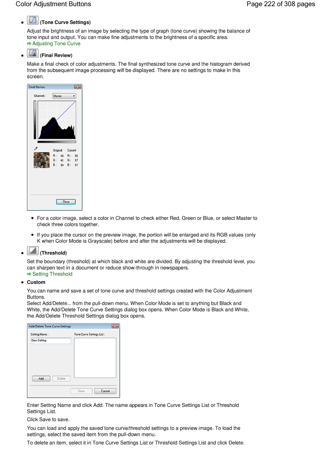 Canon LiDE 700F manual Color Adjustment Buttons 222 of 308 pages, Tone Curve Settings, Final Review, Threshold, Custom 