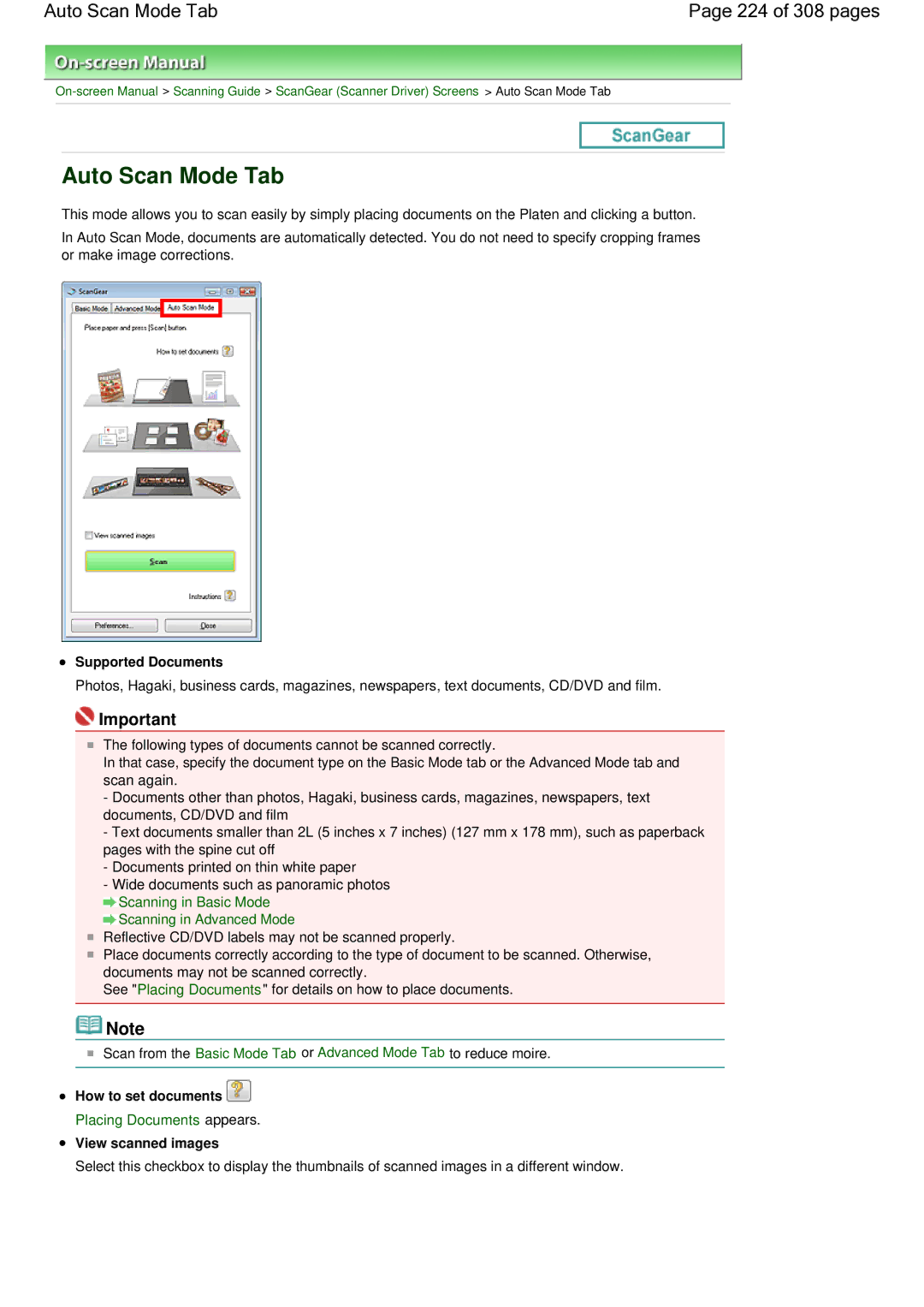 Canon LiDE 700F Auto Scan Mode Tab 224 of 308 pages, Supported Documents, How to set documents, View scanned images 