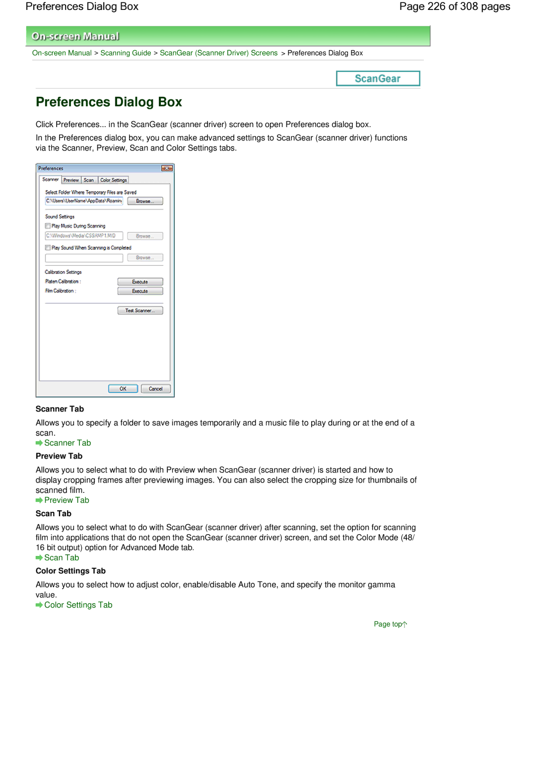 Canon LiDE 700F manual Preferences Dialog Box 226 of 308 pages, Scanner Tab, Preview Tab, Scan Tab, Color Settings Tab 