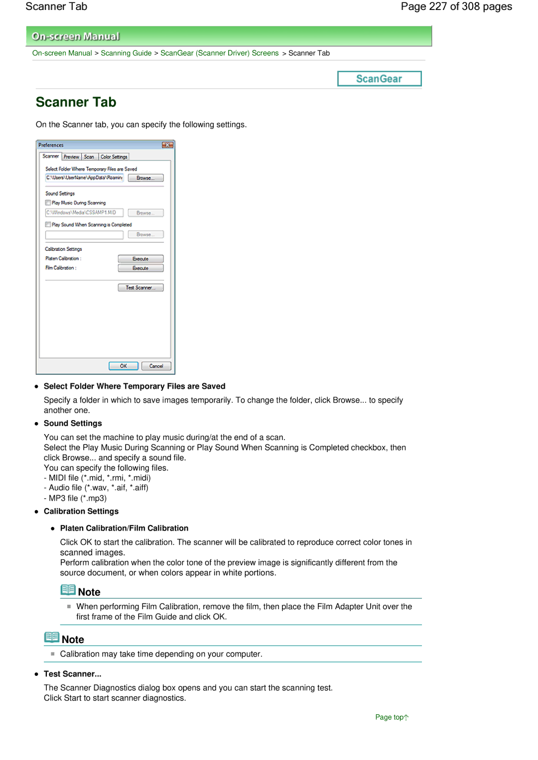 Canon LiDE 700F Scanner Tab 227 of 308 pages, Select Folder Where Temporary Files are Saved, Sound Settings, Test Scanner 