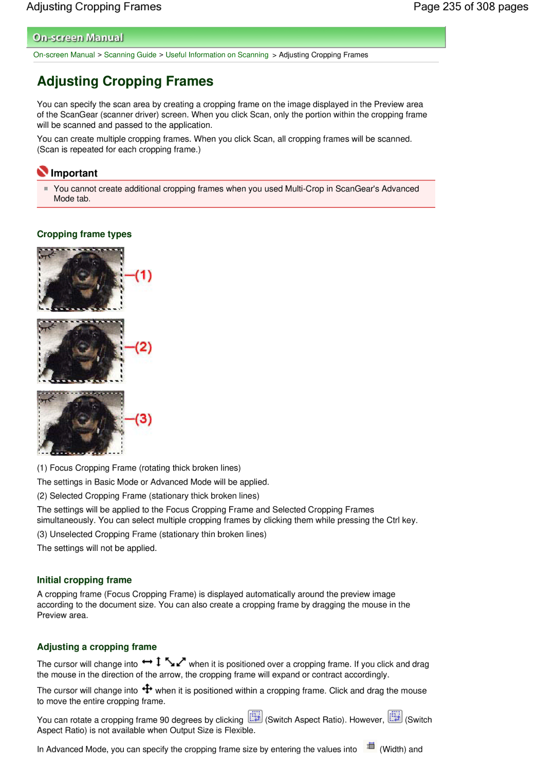 Canon LiDE 700F manual Adjusting Cropping Frames 235 of 308 pages, Cropping frame types, Initial cropping frame 