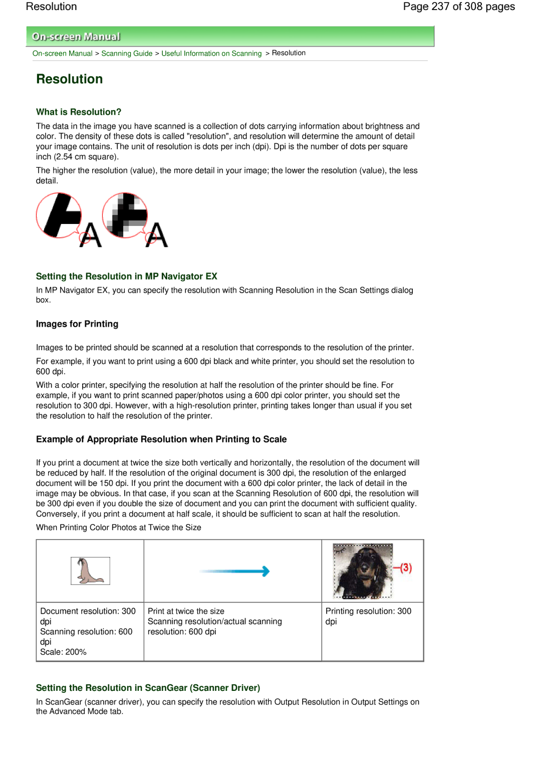 Canon LiDE 700F manual Resolution 237 of 308 pages, What is Resolution?, Setting the Resolution in MP Navigator EX 