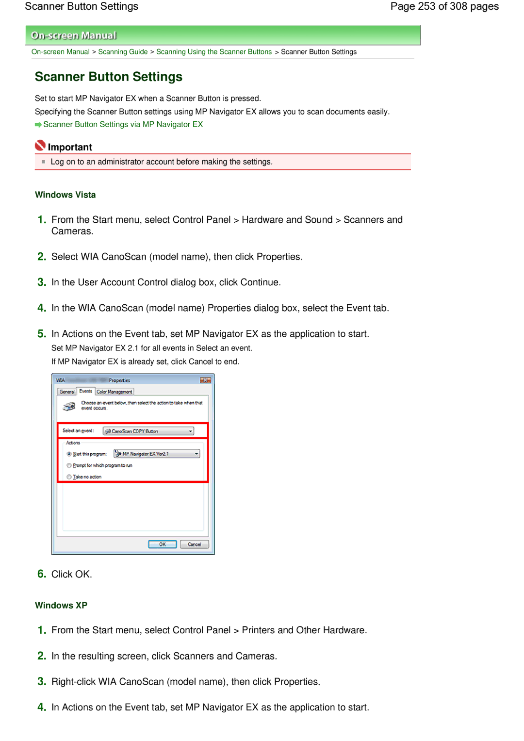 Canon LiDE 700F manual Scanner Button Settings 253 of 308 pages, Windows Vista, Windows XP 