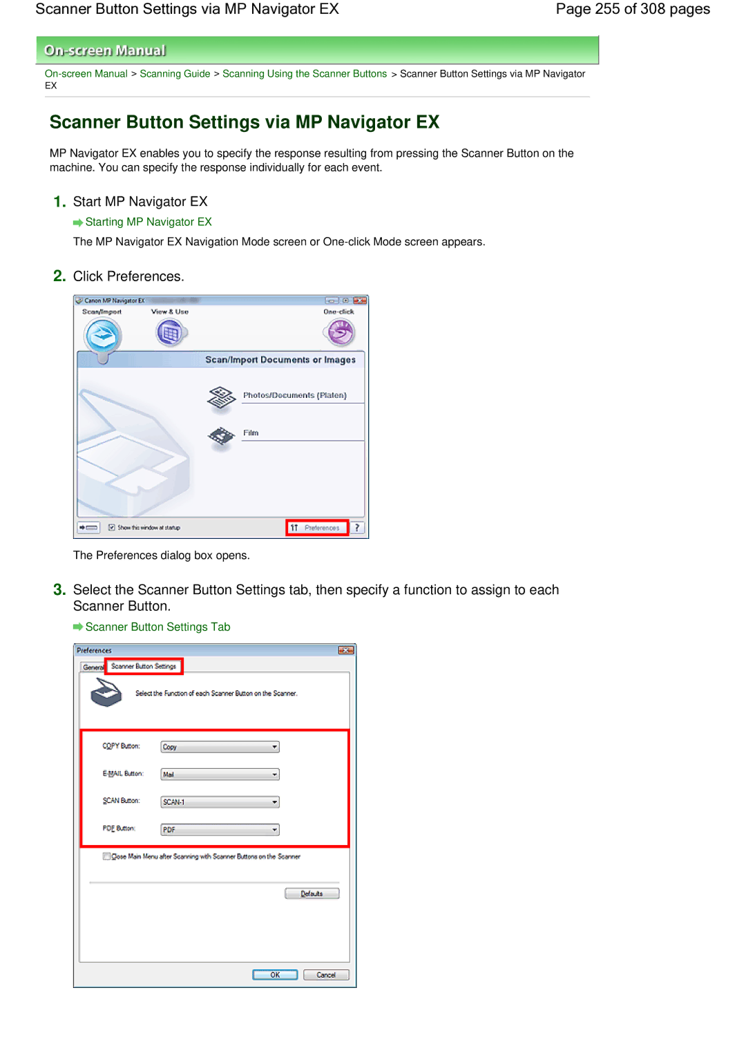 Canon LiDE 700F manual Scanner Button Settings via MP Navigator EX, Click Preferences 