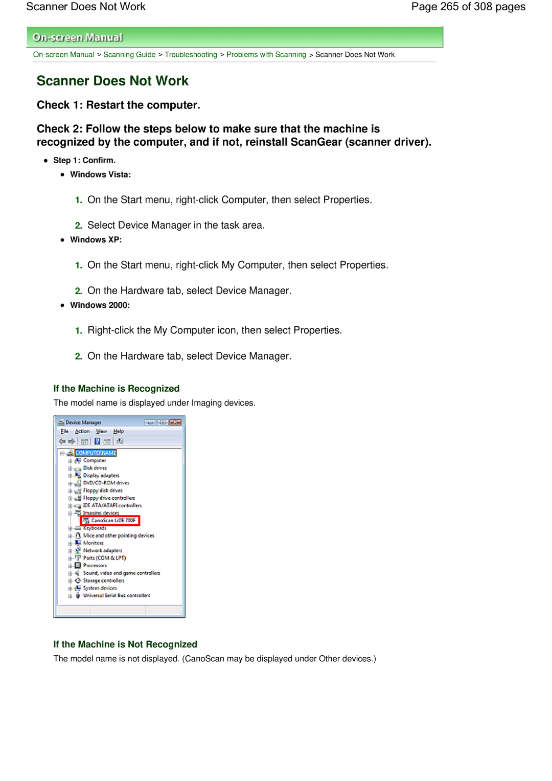 Canon LiDE 700F manual Scanner Does Not Work 265 of 308 pages, Right-click the My Computer icon, then select Properties 