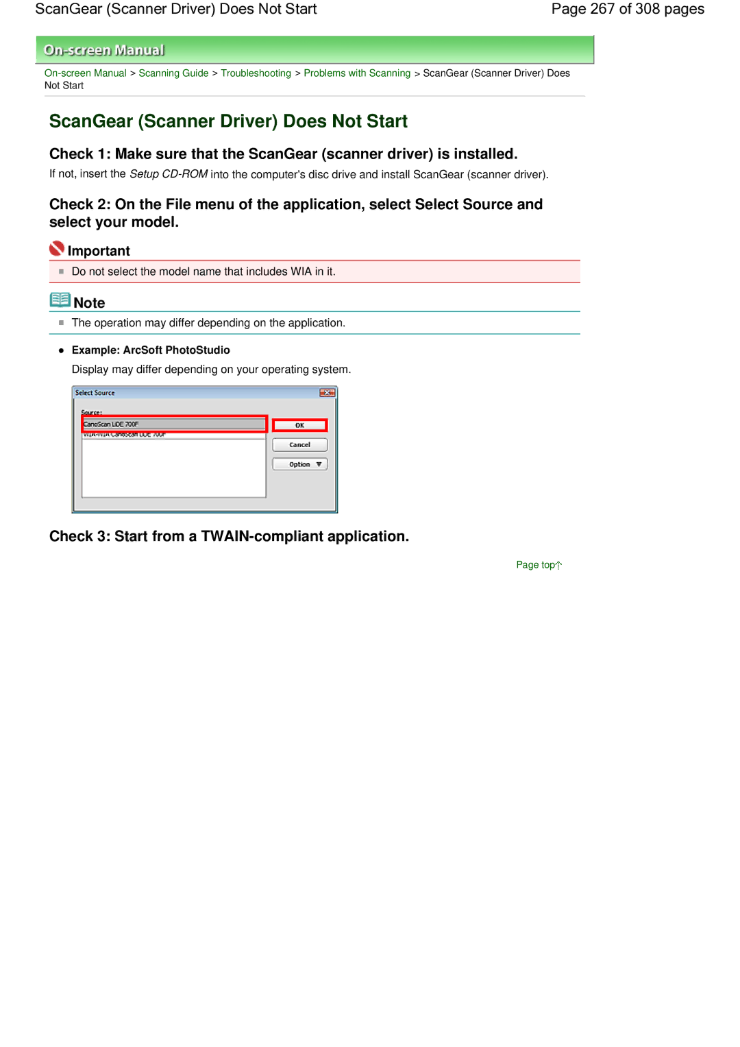 Canon LiDE 700F manual ScanGear Scanner Driver Does Not Start 267 of 308 pages, Example ArcSoft PhotoStudio 