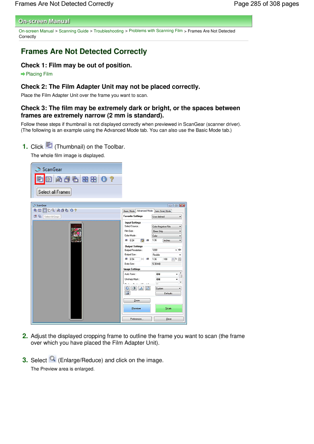 Canon LiDE 700F manual Frames Are Not Detected Correctly 285 of 308 pages, Select Enlarge/Reduce and click on the image 