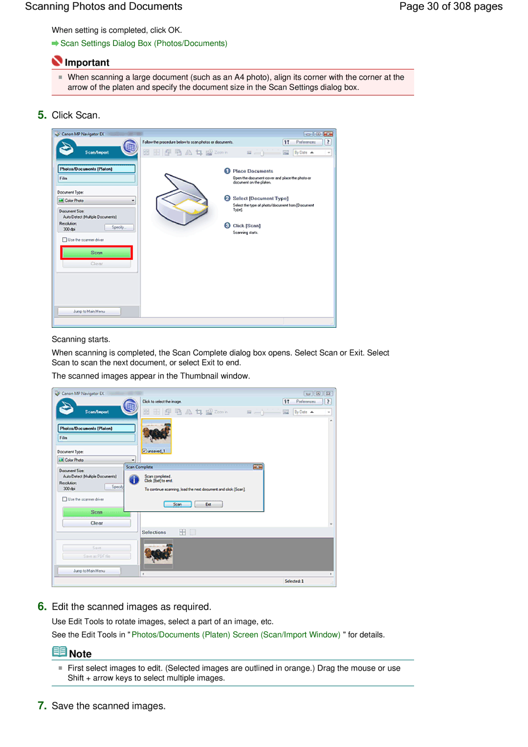 Canon LiDE 700F manual Scanning Photos and Documents 30 of 308 pages, Click Scan, Edit the scanned images as required 