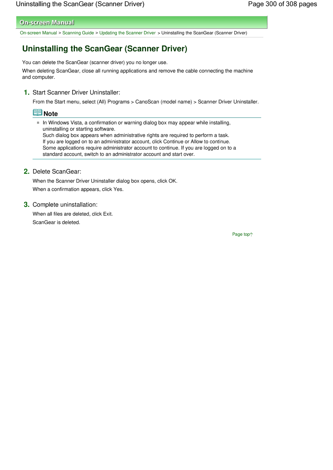 Canon LiDE 700F manual Uninstalling the ScanGear Scanner Driver 300 of 308 pages, Start Scanner Driver Uninstaller 