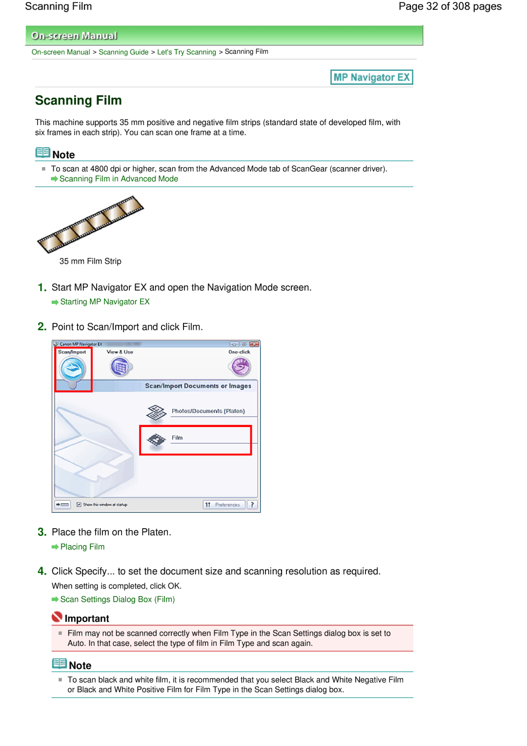 Canon LiDE 700F manual Scanning Film 32 of 308 pages, Point to Scan/Import and click Film, Place the film on the Platen 