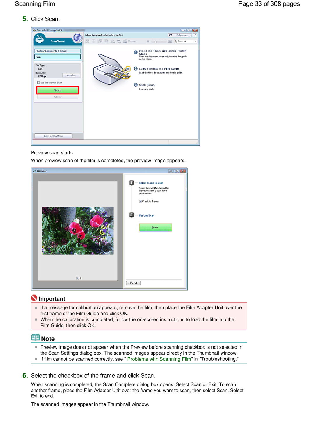 Canon LiDE 700F manual Scanning Film 33 of 308 pages, Select the checkbox of the frame and click Scan 