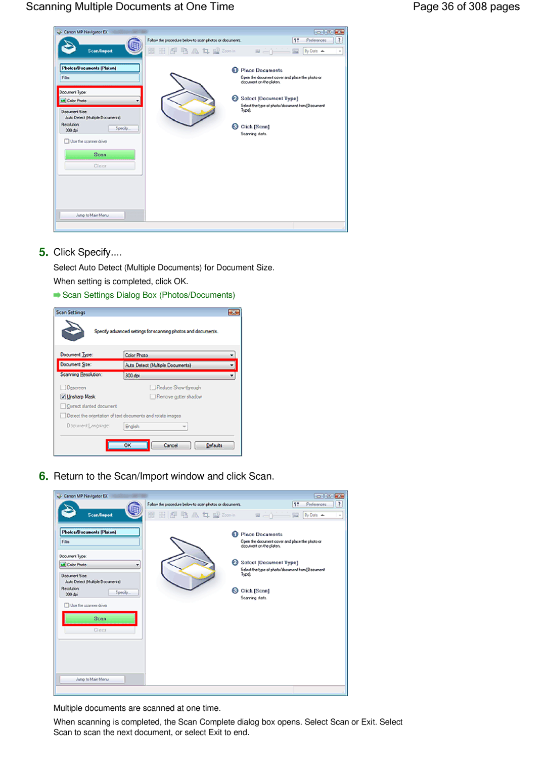 Canon LiDE 700F manual Scanning Multiple Documents at One Time 36 of 308 pages, Click Specify 