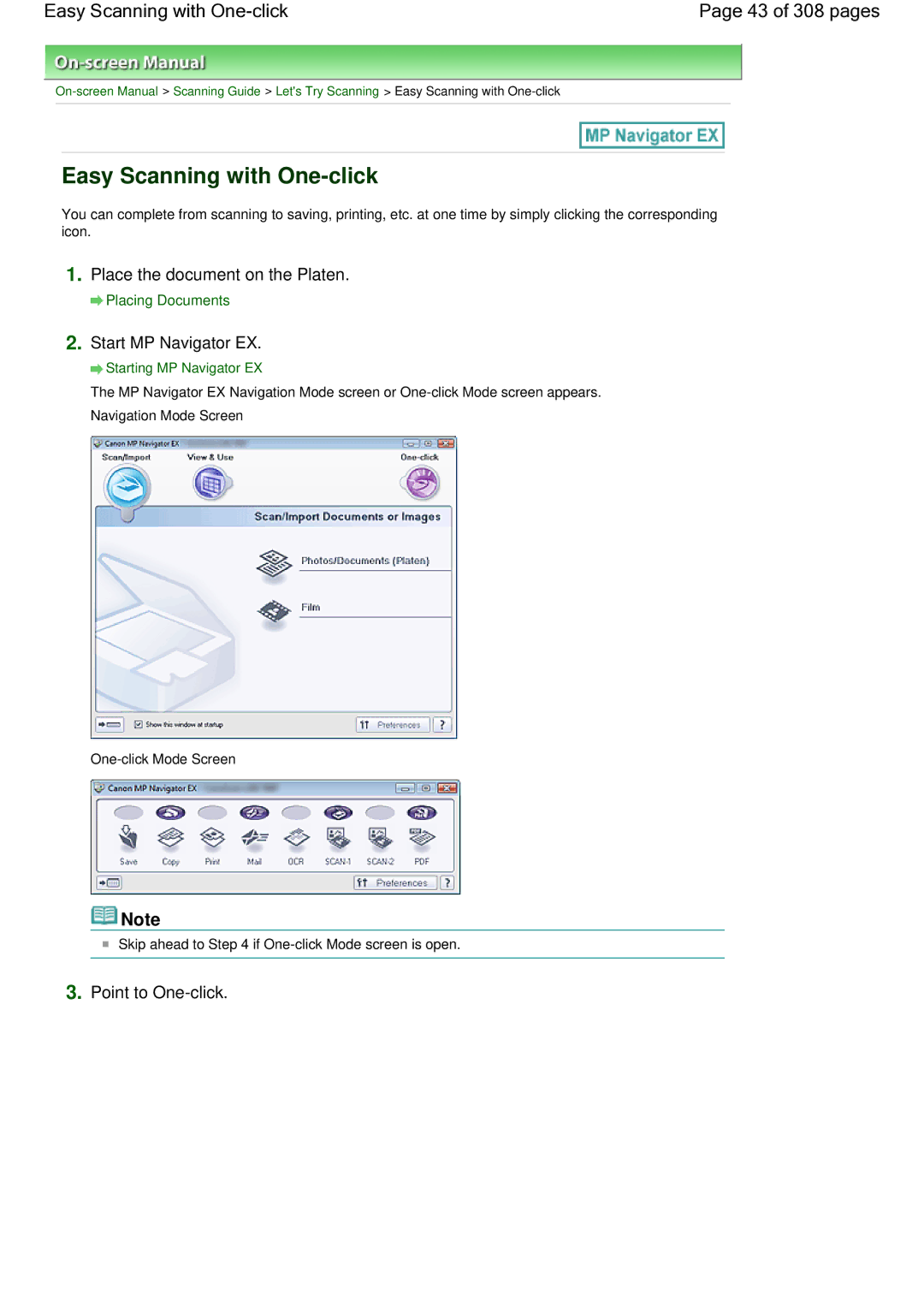 Canon LiDE 700F manual Easy Scanning with One-click 43 of 308 pages, Point to One-click, Start MP Navigator EX 