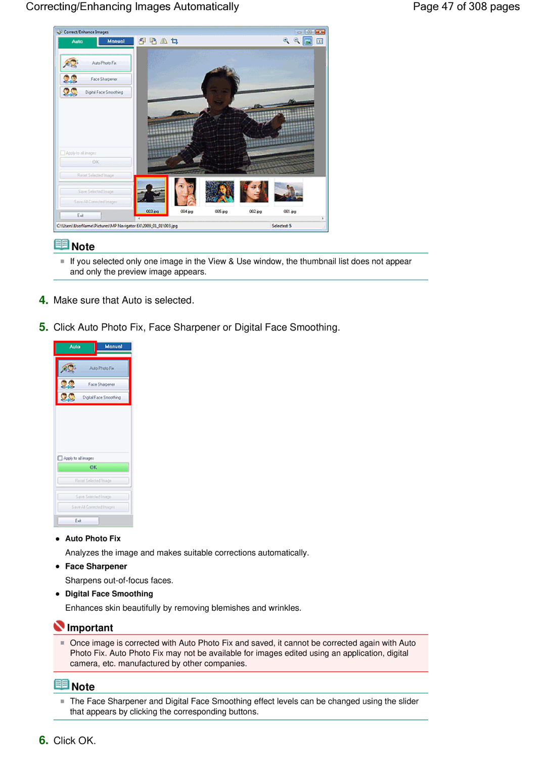 Canon LiDE 700F manual Correcting/Enhancing Images Automatically 47 of 308 pages, Click OK, Face Sharpener 