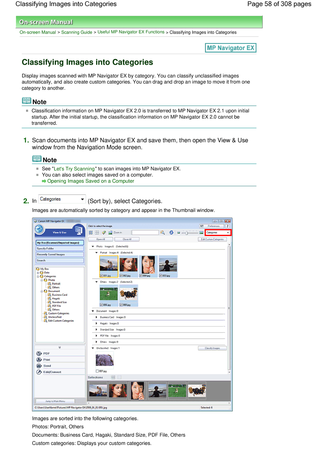 Canon LiDE 700F manual Classifying Images into Categories 58 of 308 pages, Sort by, select Categories 