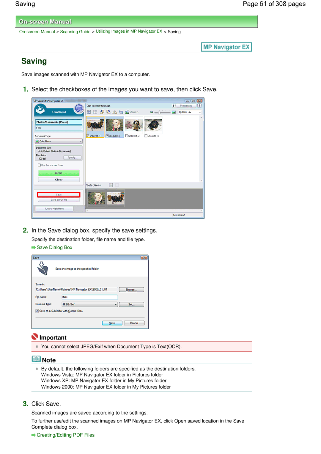 Canon LiDE 700F manual Saving 61 of 308 pages, Click Save, Save dialog box, specify the save settings 