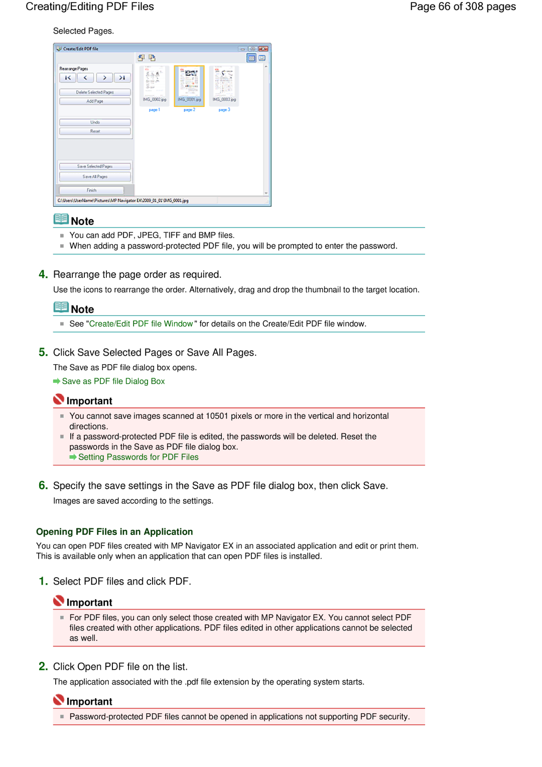 Canon LiDE 700F manual 66 of 308 pages, Click Save Selected Pages or Save All Pages, Rearrange the page order as required 