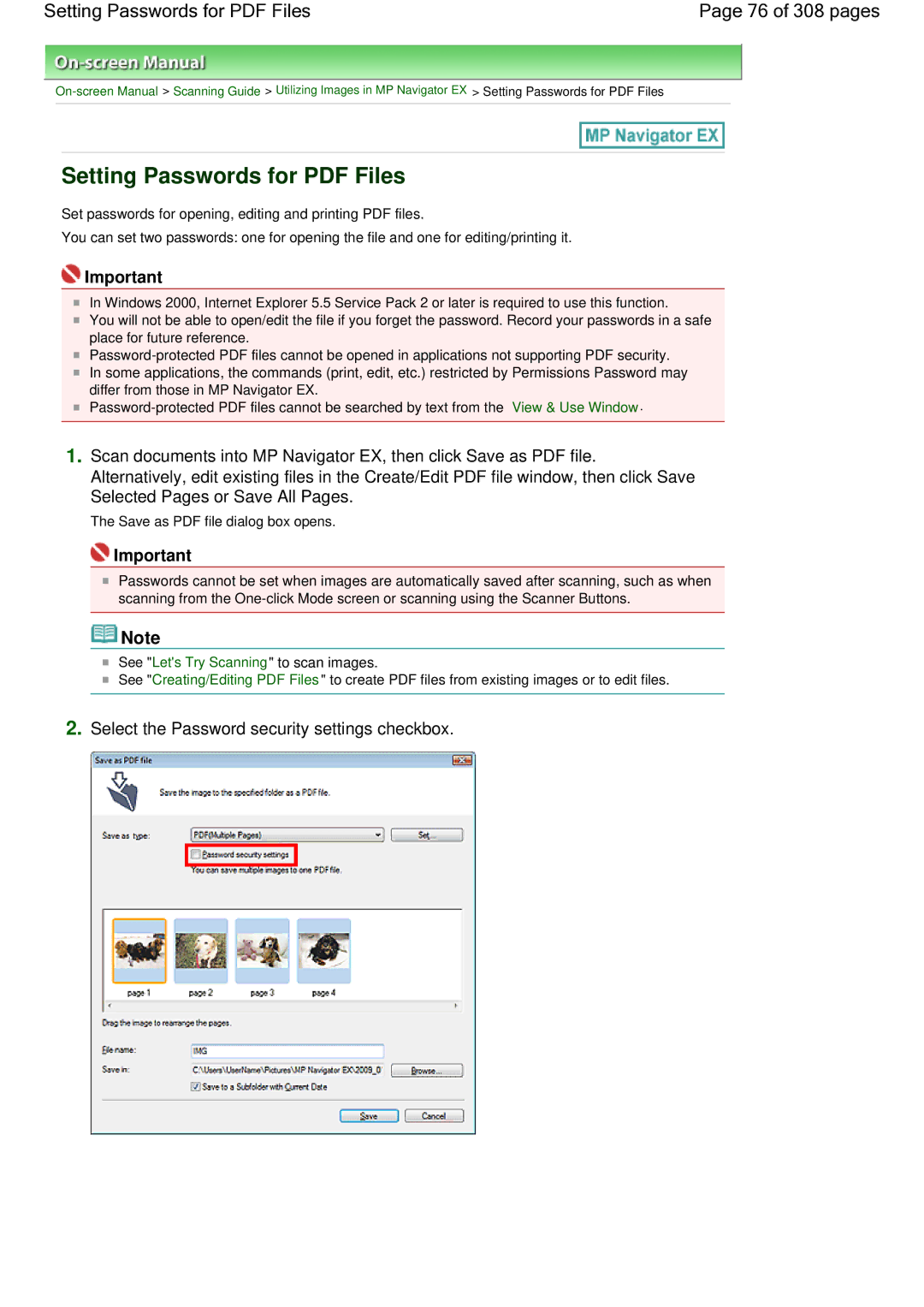 Canon LiDE 700F manual 76 of 308 pages, Select the Password security settings checkbox 