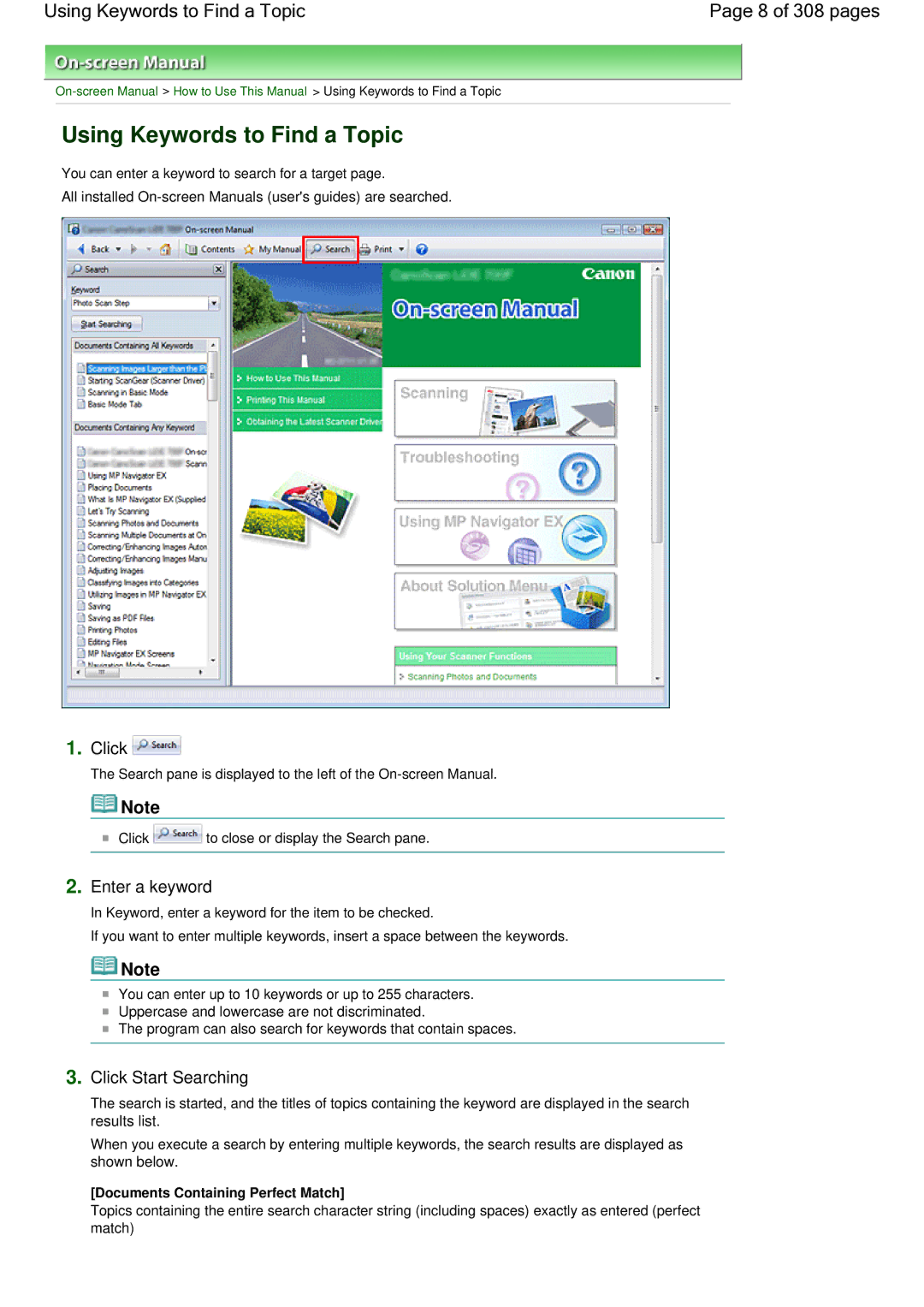 Canon LiDE 700F manual Using Keywords to Find a Topic 8 of 308 pages, Click Start Searching, Enter a keyword 