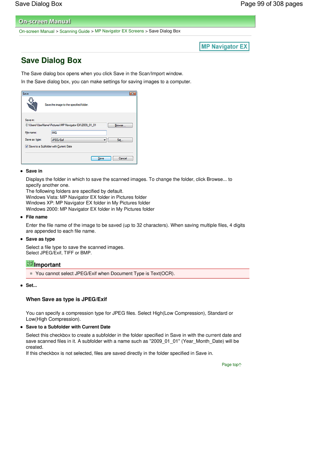 Canon LiDE 700F manual Save Dialog Box 99 of 308 pages, Save as type, Set, Save to a Subfolder with Current Date 