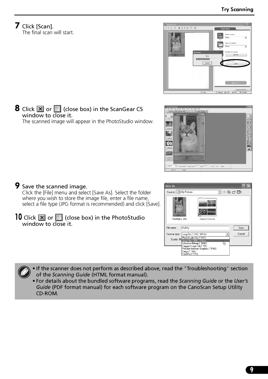 Canon LIDE 80 manual Click Scan, Click or close box in the ScanGear CS window to close it, Save the scanned image 