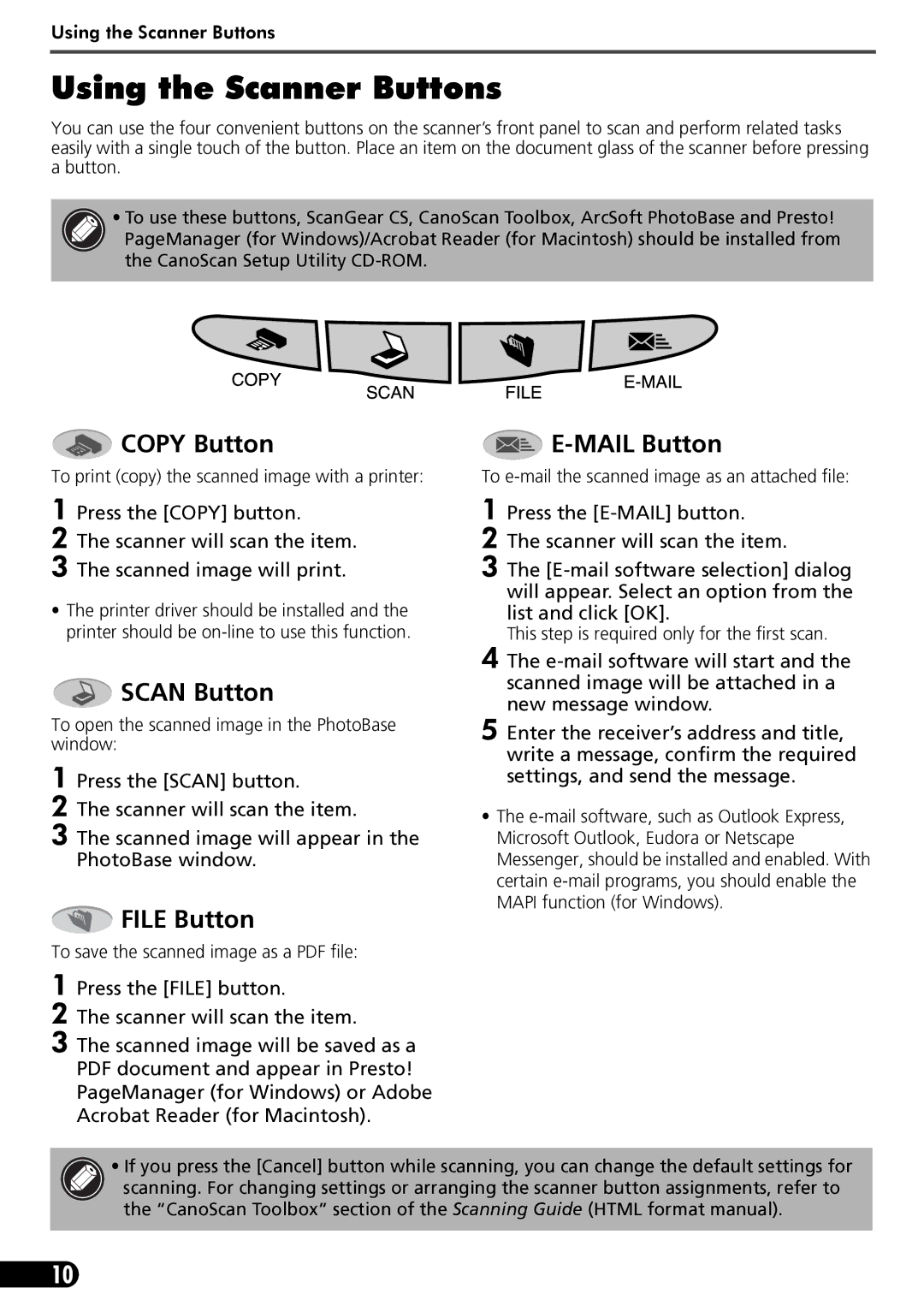 Canon LIDE 80 manual Using the Scanner Buttons, Copy Button, Mail Button, Scan Button, File Button 