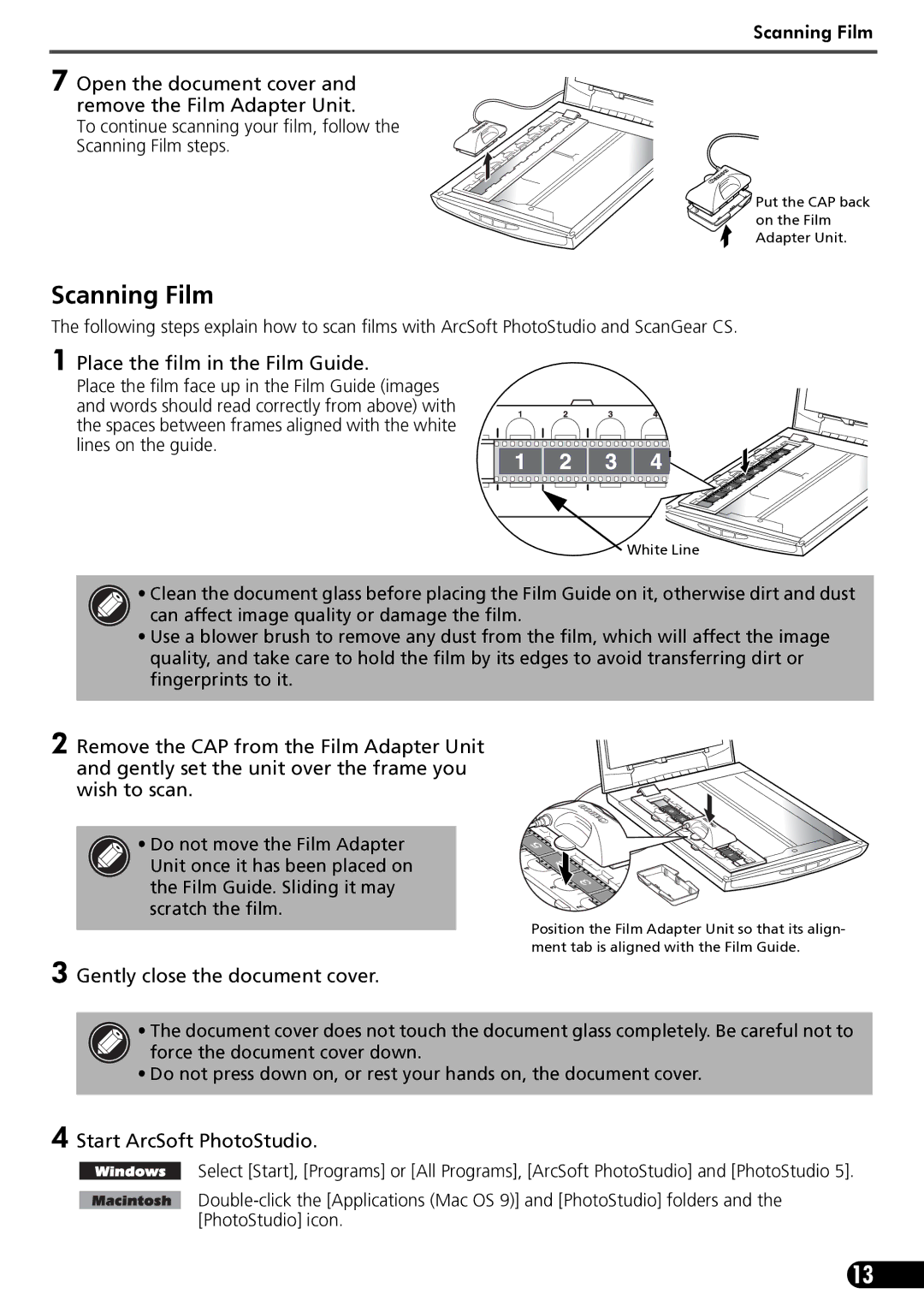 Canon LIDE 80 Scanning Film, Open the document cover and remove the Film Adapter Unit, Place the film in the Film Guide 