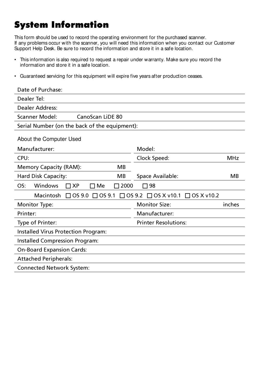 Canon LIDE 80 manual System Information, Manufacturer Model 