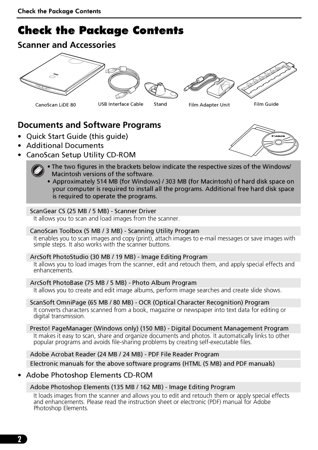 Canon LIDE 80 manual Check the Package Contents 