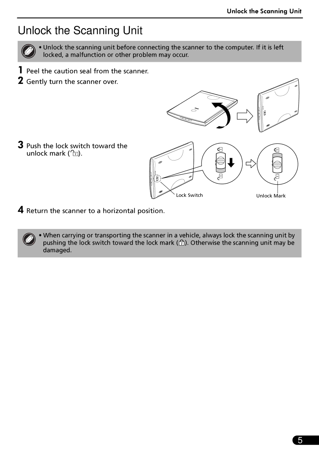 Canon LIDE 80 manual Unlock the Scanning Unit, Return the scanner to a horizontal position 