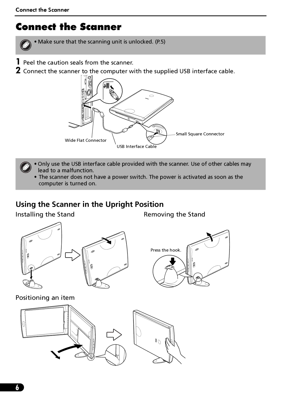 Canon LIDE 80 Connect the Scanner, Using the Scanner in the Upright Position, Peel the caution seals from the scanner 