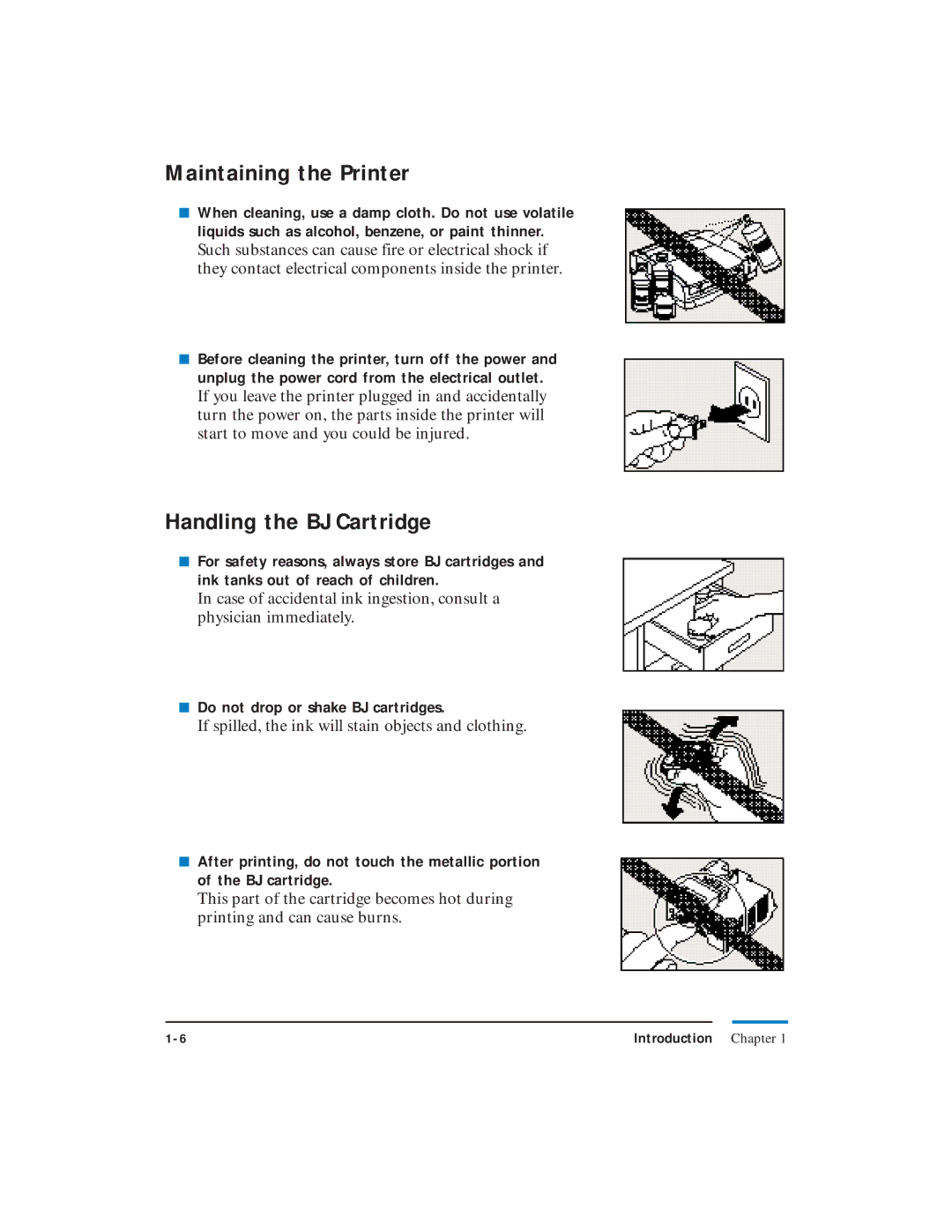 Canon LR1 user manual Maintaining the Printer, Handling the BJ Cartridge, Do not drop or shake BJ cartridges 