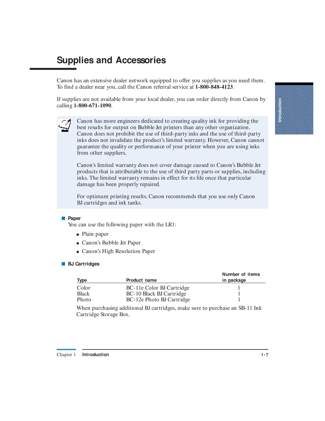 Canon LR1 user manual Supplies and Accessories, Paper, BJ Cartridges 