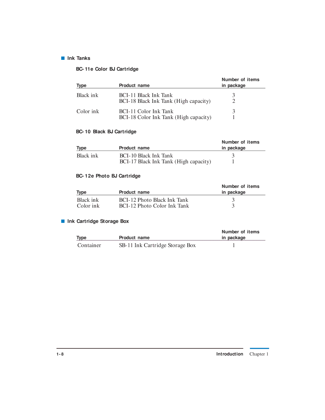 Canon LR1 user manual Ink Tanks BC-11e Color BJ Cartridge, BC-10 Black BJ Cartridge, BC-12e Photo BJ Cartridge 