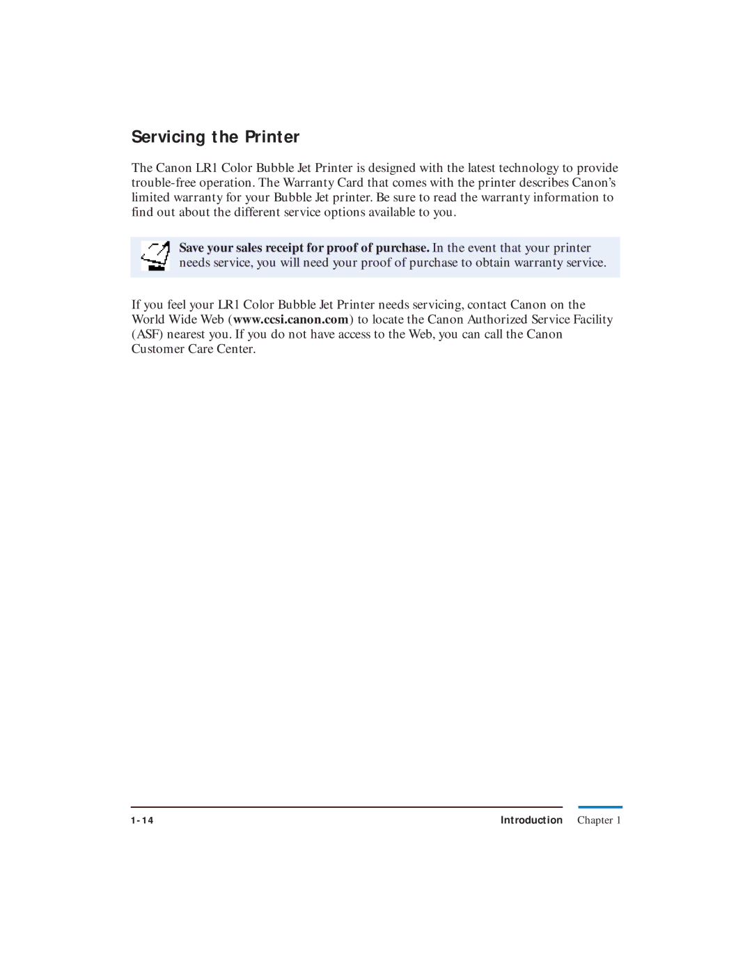 Canon LR1 user manual Servicing the Printer 