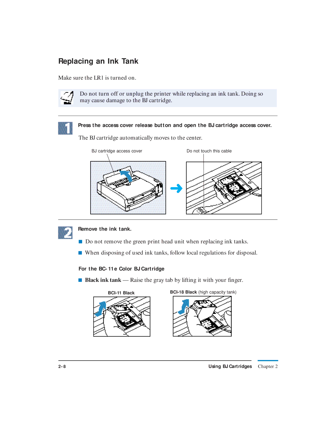 Canon LR1 user manual Replacing an Ink Tank, Remove the ink tank, For the BC-11e Color BJ Cartridge 