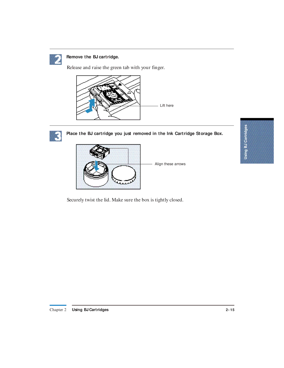 Canon LR1 user manual Remove the BJ cartridge, Release and raise the green tab with your finger 