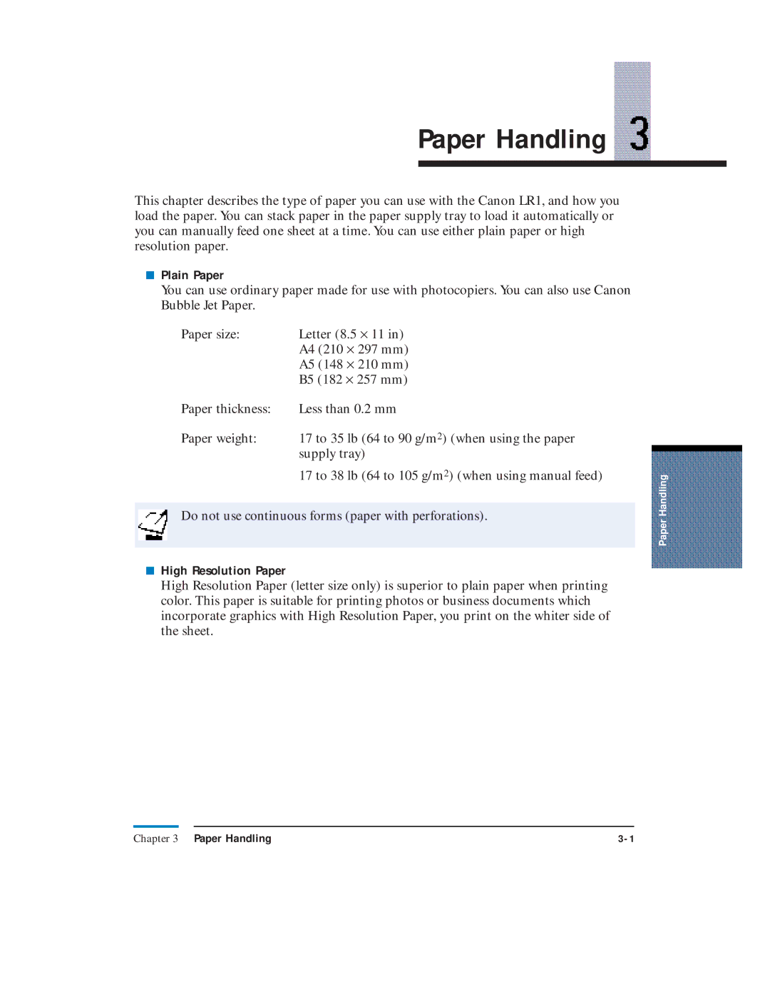 Canon LR1 user manual Paper Handling, Plain Paper, High Resolution Paper 