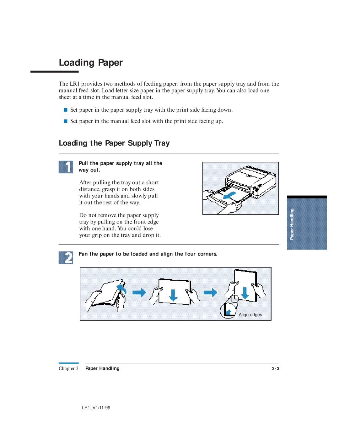 Canon LR1 user manual Loading Paper, Loading the Paper Supply Tray, Pull the paper supply tray all the way out 