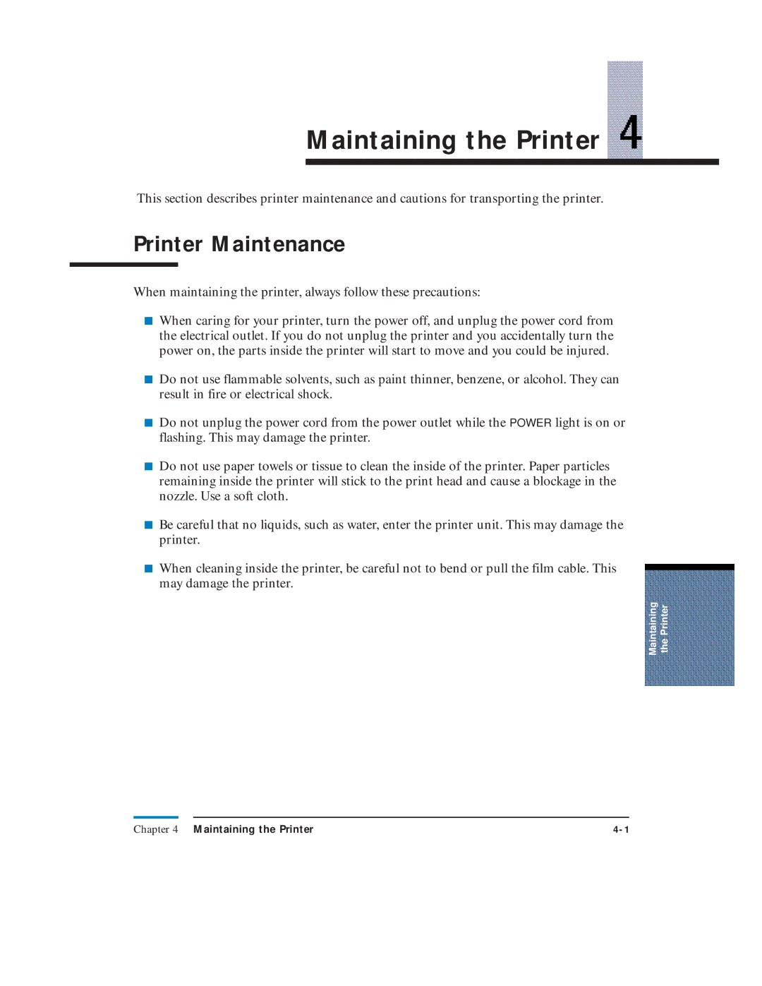 Canon LR1 user manual Maintaining the Printer, Printer Maintenance 