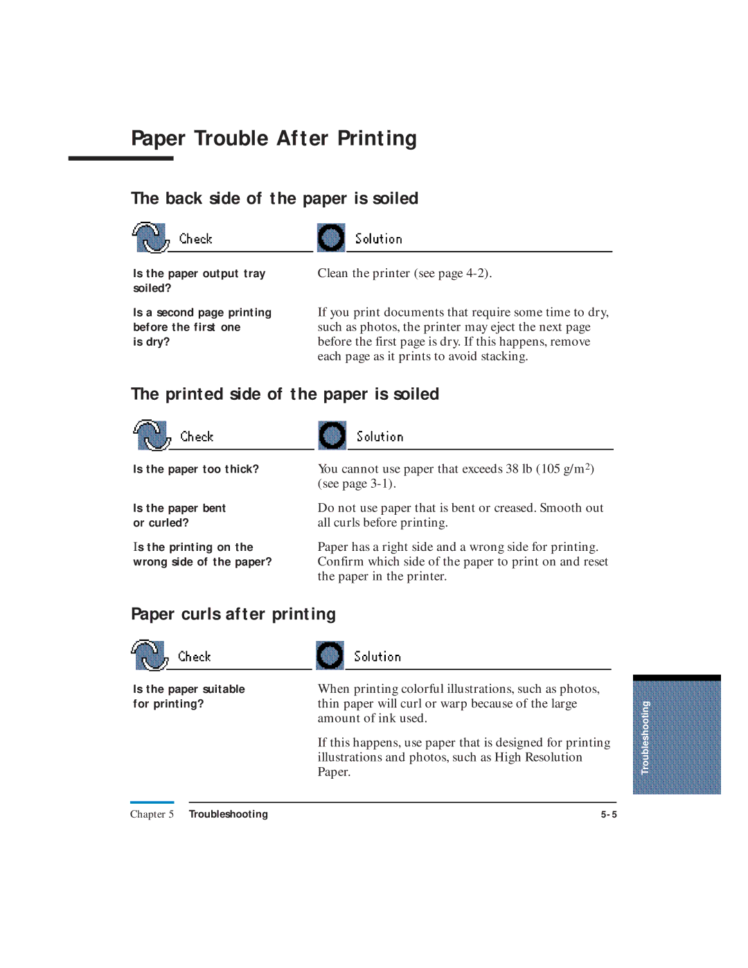 Canon LR1 user manual Paper Trouble After Printing, Back side of the paper is soiled, Printed side of the paper is soiled 