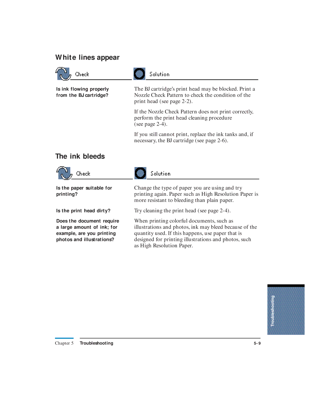 Canon LR1 user manual White lines appear, Ink bleeds 