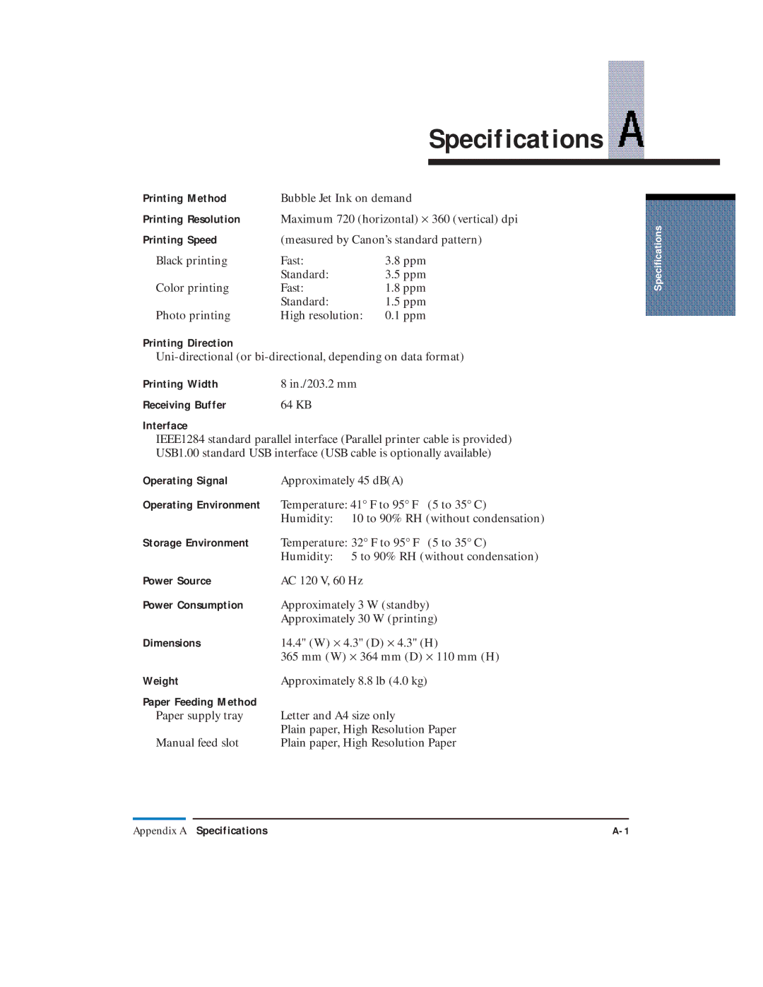 Canon LR1 user manual Specifications 