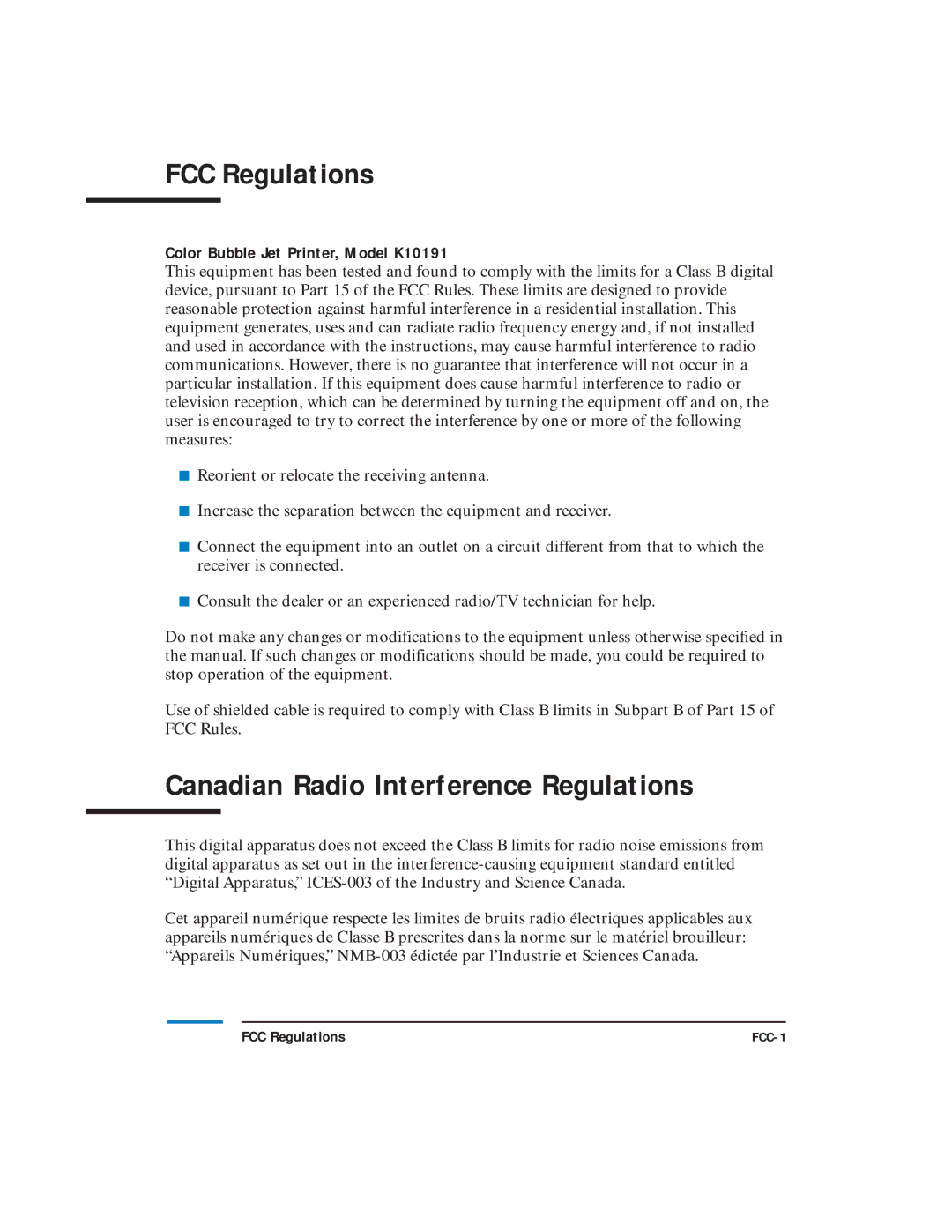 Canon LR1 user manual FCC Regulations, Canadian Radio Interference Regulations, Color Bubble Jet Printer, Model K10191 