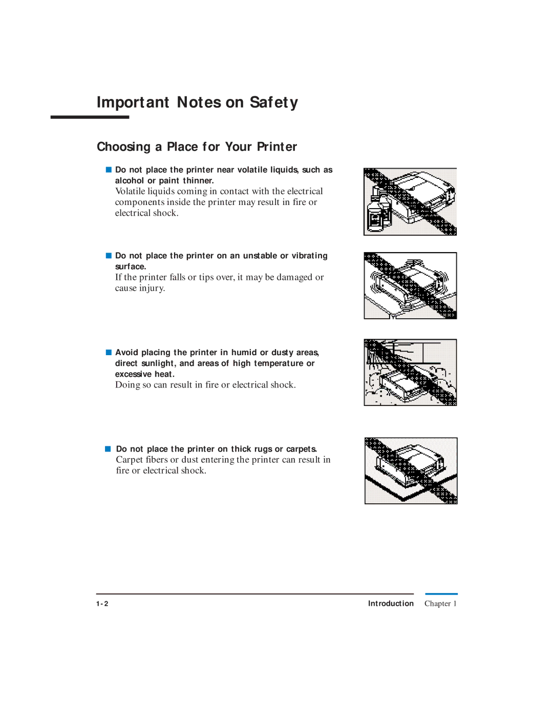 Canon LR1 Important Notes on Safety, Choosing a Place for Your Printer, Do not place the printer on thick rugs or carpets 